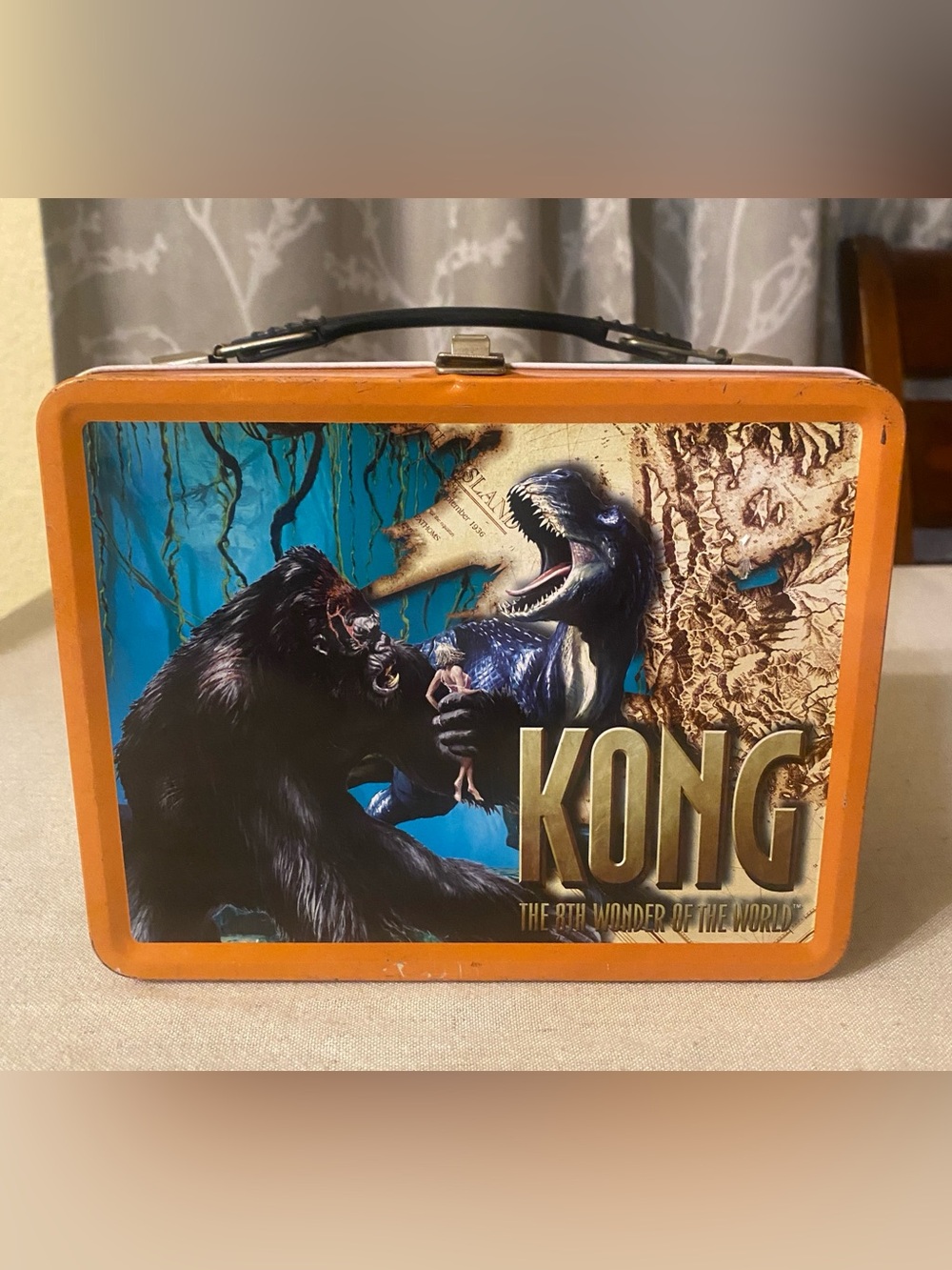 VTG King Kong Orange and Teal Graphic Metal Lunchbox with Thermos.